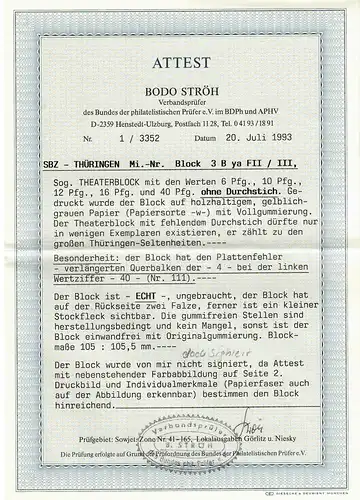 SBZ Thüringen MiNr. Block 3 B ya FII/III, Plattenfehler, *, BPP Attest