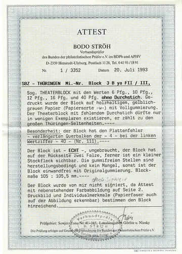 SBZ Thuringen Min. Block 3 B ya FII/III, erreur de plaque, *, BPP Attest