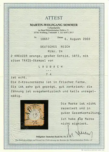 DR: MiNr. 24 gestempelt mit Taxis Stempel Laubach, BPP Attest