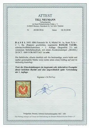 Basel 1845: MiNr. 1a, Basler Taube, gestempelt Basel, BPP Attest
