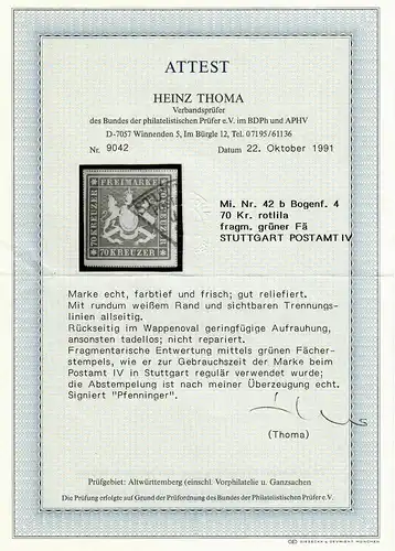 Württemberg MiNr. 42 b, Bogenfeld 4, grüner Fächerstempel Stuttgart, BPP Attest
