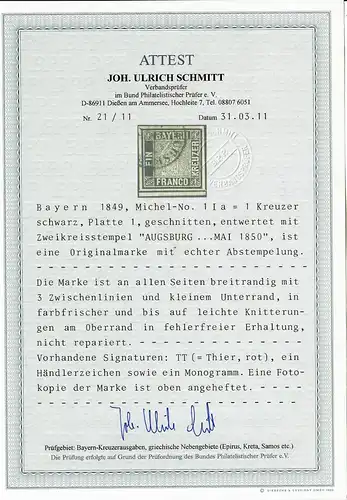 Bavière 1849 Min. 1 Ia, plaque 1, non-denté, cacheté Augsburg avec BPP Attest