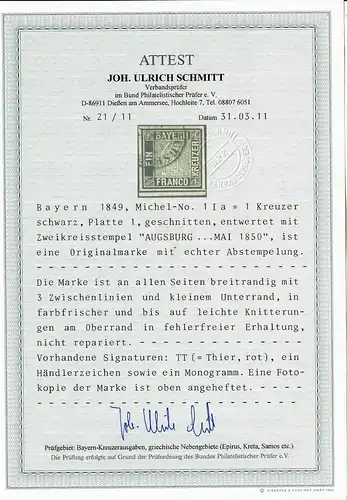 Bayern 1849 MiNr. 1 Ia, Platte 1, ungezähnt, gestempelt Augsburg mit BPP Attest