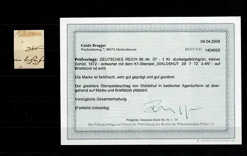 DR: MiNr. 7, gestempelt Waldshut auf Briefstück, BPP Befund