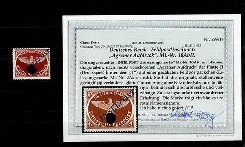 Feldpost MiNr. 10AbII, Platte II, original Gummi, *, einwandfrei, BPP Befund