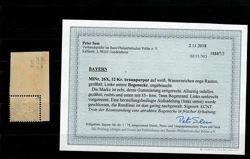Bayern MiNr. 26X, linke untere Bogenecke, ungebraucht, BPP Befund