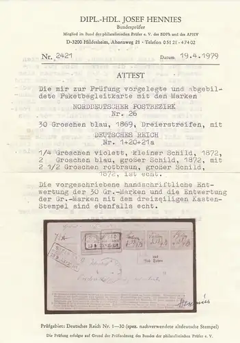 NDP MiNr. 26, DR MiNr. 1,20,21a auf Paketbegleitkarte 1873 Bad Soden nach Emden