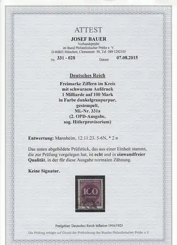 DR: Min. 331a, dit Hitlerprovisorium, stampé Mannheim, BPP Attest