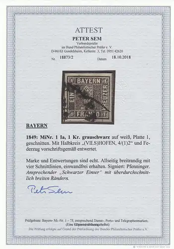 Bayern MiNr. 1 Ia, gestempelt Vilshofen, breitrandig, BPP Attest