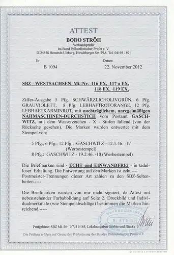 SBZ Westsachsen MiNr. 116 EX, 117 a EX, 118 EX, 119 EX, gestempelt, BPP Attest