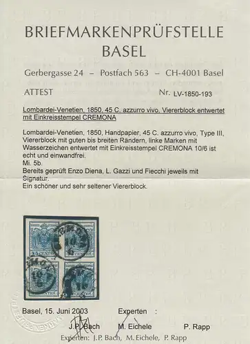 Lombardei-Venetien 1850: MiNr. 5b, 4er Block, gestempelt Cremona