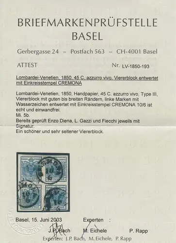 Vénétie-Lombardie 1850: Min. 5b, 4 blocs, cacheté Crémone