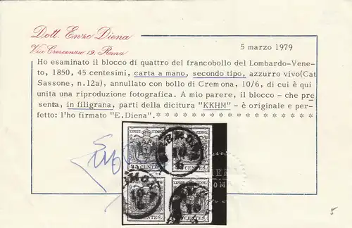 Lombardei-Venetien 1850: MiNr. 5b, 4er Block, gestempelt Cremona