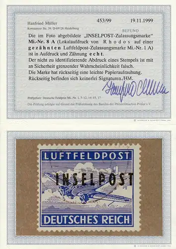 Feldpost MiNr. 8 A, Rhodos, gestempelt, BPP Befund