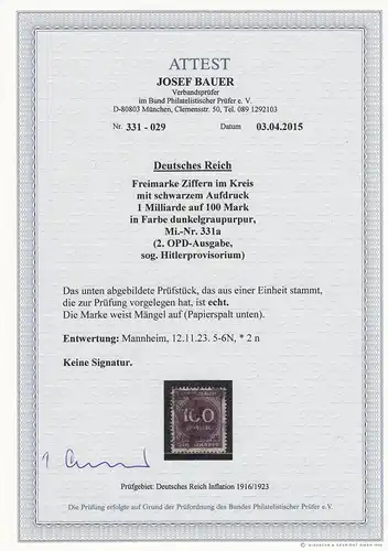 DR: MiNr. 331a, gestempelt Mannheim, sog. Hitlerprovisorium, BPP Attest