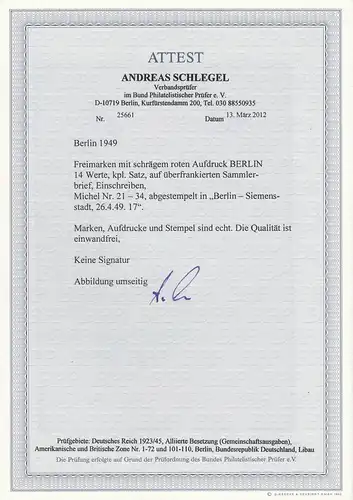Berlin Min. 21-34, cacheté sur la lettre R 1949, BPP Attest