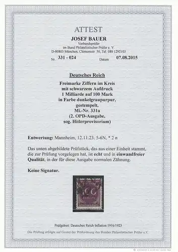 Deutsches Reich MiNr. 331a, gestempelt Mannheim, einwandfrei, BPP Attest
