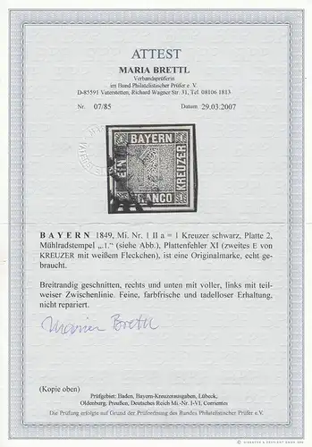 Bayern MiNr. 1 II a Platte 2, PF XI, gestempelt, breitrandig, BPP Attest