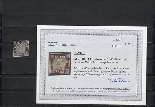 MiNr. 1 II a Platte 2, Halbkreisstempel, BPP Befund