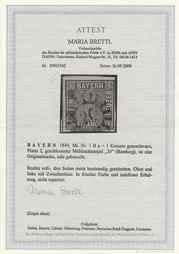 MiNr. 1 II a Platte 2, Mühlradstempel 20 (Bamberg), BPP Attest