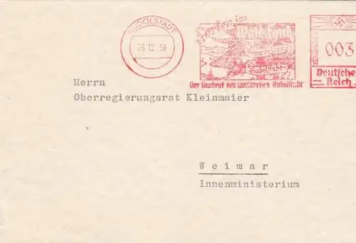 Freistempel 1938: Rudolstadt - Waldland, nach Weimar
