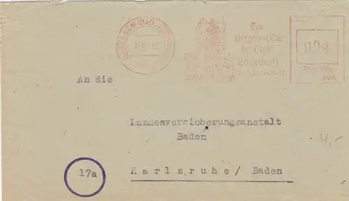 Freistempel 1946: Eberbach Bad Neckartal nach Karlsruhe