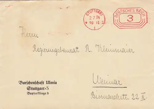 Freistempel 1934: Burschenschaft Ulmia, Stuttgart nach Weimar