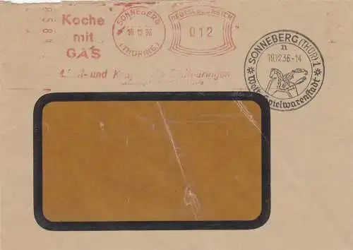 Tampon gratuit 1936 Sonneberg/Thüringen Jouets ville, cuisine avec gaz, cheval en bois