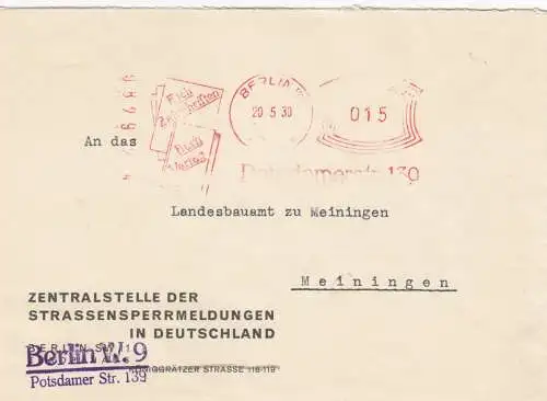 Freistempel 1930: Berlin Zentralstelle Strassensperrmeldungen nach Meiningen