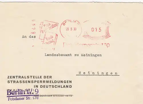 Timbre d'immatriculation 1930: Berlin Centralstelle Strassenverblockzeitung über Meiningen
