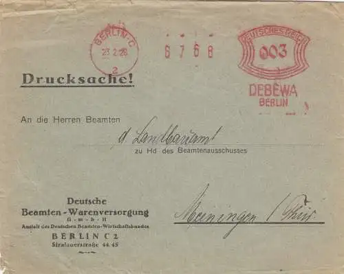 Freistempel 1926 Berlin Drucksache DEBEWA Beamten Warenversorgung nach Meiningen