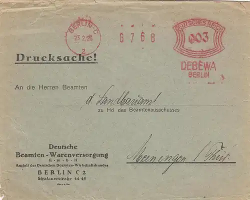 Timbre libre 1926 Berlin Objet imprimé DEBEUBA Fonctionnaires Approvisionnement de marchandises à Meiningen