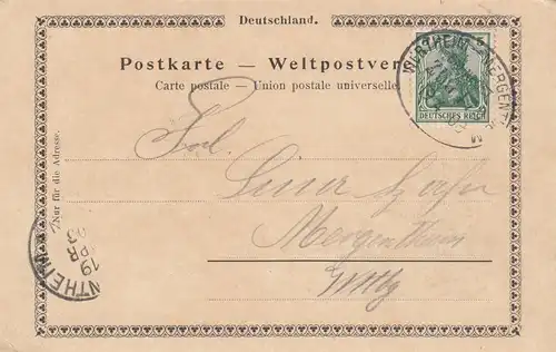 Ansichtskarte Würzburg, Bahnpoststempel Wertheim-Mergentheimi 1903