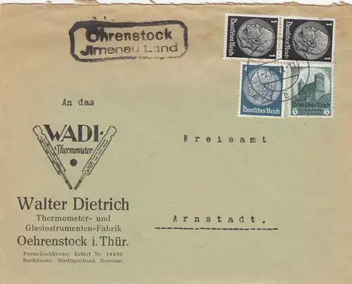 Brief Ohrenstock über Ilmenau Land, WADI Thermometer nach Arnstadt 1934