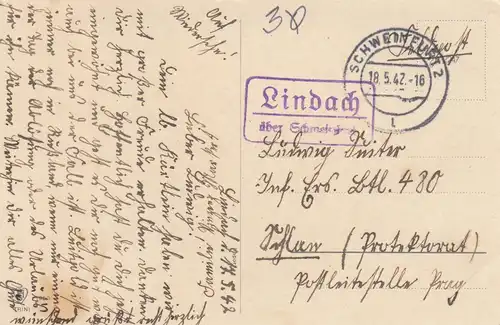 Postkarte 1942 von Lindach über Schweinfurt