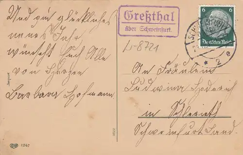 Carte postale 1933 de Gresthal sur Schweinfurt