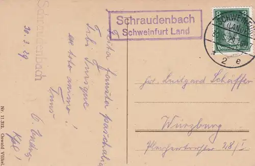 Postkarte 1929: Schraudenbach über Schweinfurt Land nach Würzburg