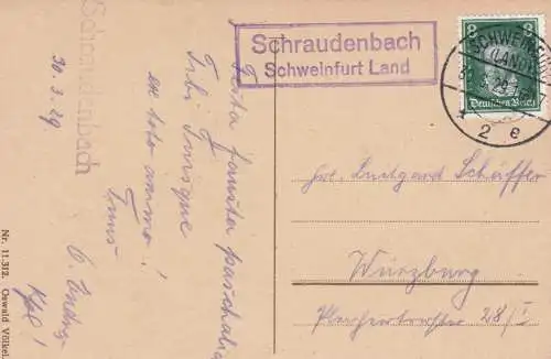 Postkarte 1929: Schraudenbach über Schweinfurt Land nach Würzburg