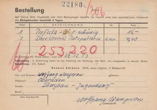 Postkarte Oberaden / Kamen 1953 nach Celle, Bestellung Patronen