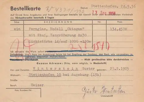 Bestellkarte Ferngläser Stettenhofen bei Augsburg nach Celle 1956