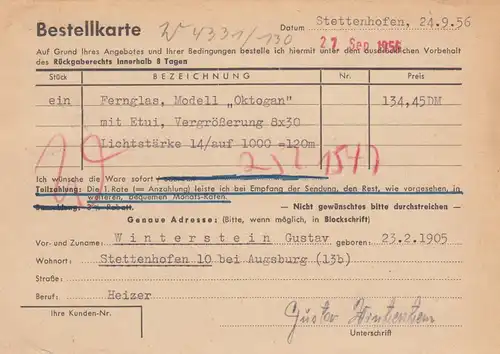 Carte de commande Jumelles Stelettenhofen près d'Augsbourg à Celle 1956