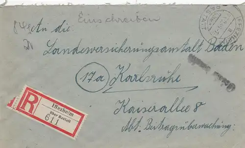 Einschreiben Iffezheim über Rastatt nach Karlsruhe 1946