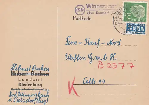 Carte postale 1955 Winnersbach via Betzdorf vers Celle