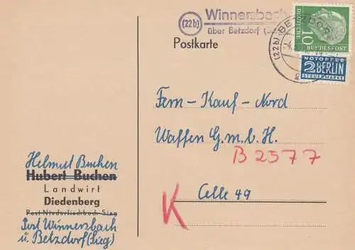 Carte postale 1955 Winnersbach via Betzdorf vers Celle