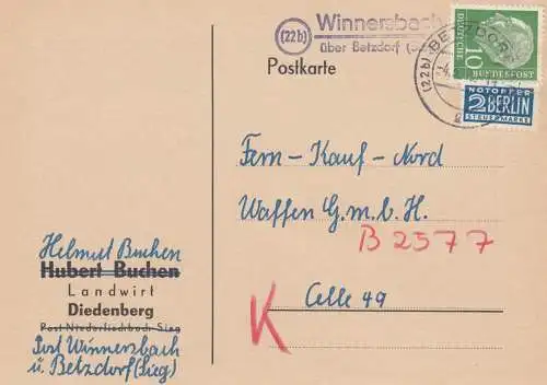 Postkarte 1955 Winnersbach über Betzdorf nach Celle