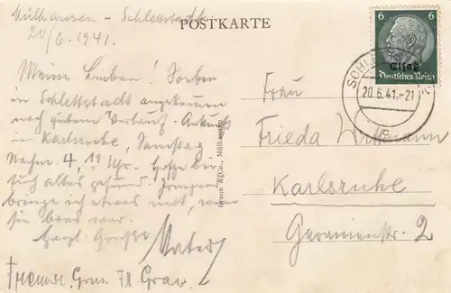 2x Ansichtskarte 1941, Kolmar, Schlettstadt/Mühlhausen nach Karlsruhe