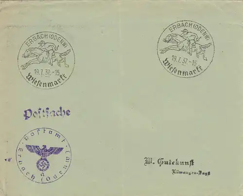 Blanko Kuvert 1937: Wiesenmarkt Erbach / Odenwald, Cavalier, Jockey, Cheval