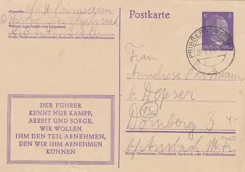 Ganzsache Pribernow/Pommern 1944 nach Dornberg - Führer kennt nur Arbeit und Sieg