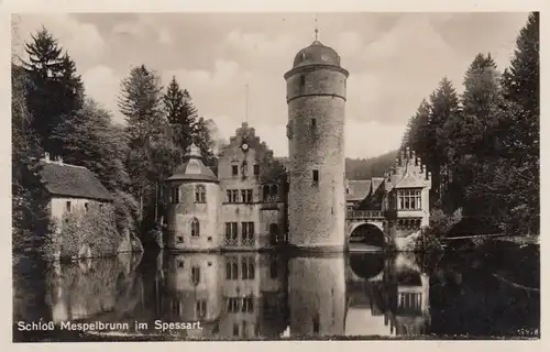 Ansichtskarte Schloß Mespelbrunn, Aschaffenburg, Zeltlager der HJ 1936 nach Reichenberg