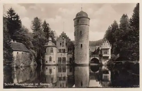 Ansichtskarte Schloß Mespelbrunn, Aschaffenburg, Zeltlager der HJ 1936 nach Reichenberg